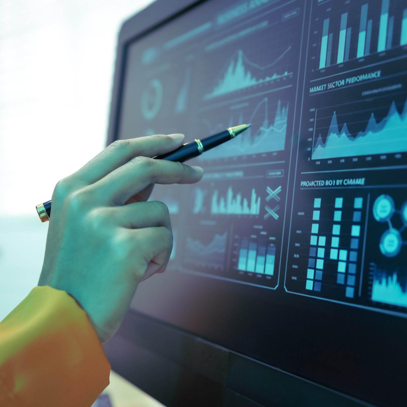 A hand holding a pen, pointing at a cyan analytics dashboard on screen